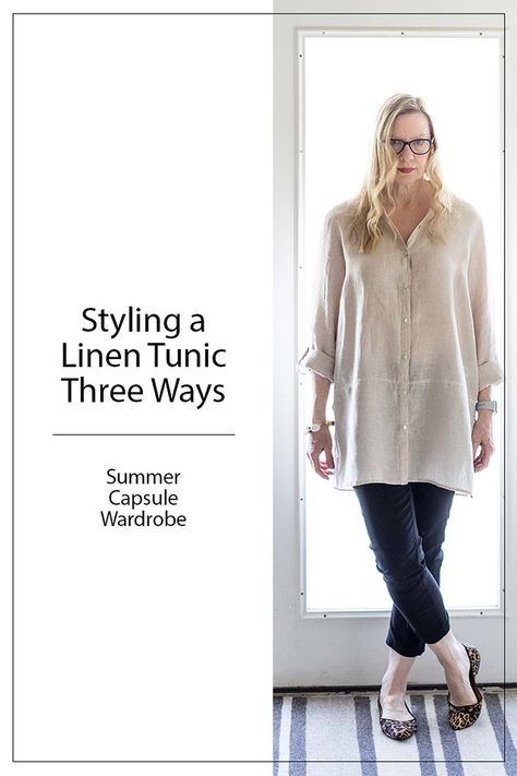 Styling Tunic Tops, White Linen Tunic Outfit, Tunic Outfits For Women, How To Wear A Tunic Top, Summer Tunic Outfits, How To Style Linen Shirt Women, Long Linen Shirt Outfit, How To Wear Tunic Tops Outfits, Linen Tunic Outfit