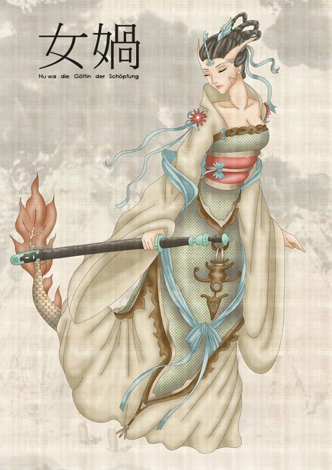 Nuwa Chin. Goddess of creation by Katze01 on DeviantArt Goddess Of Creation, Chinese Mythology, Mother Goddess, Goddess Of Love, Mythology Art, Goddess Art, Monkey King, Chinese Traditional, Traditional Paintings