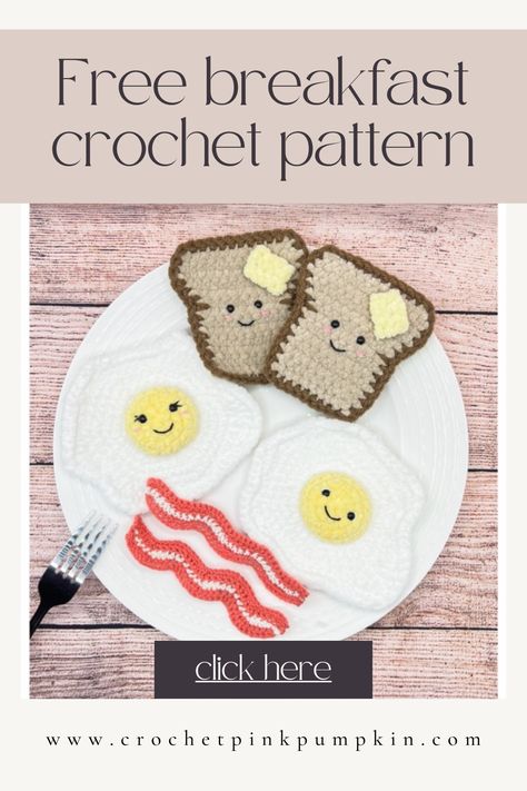 Crochet Food Free Patterns Easy, Toast Amigurumi Free Pattern, Free Funny Crochet Patterns, Bacon Crochet Pattern Free, Toast Crochet Pattern Free, Bacon Crochet, Crochet Bacon Pattern Free, Toast Crochet Pattern, Crochet Eggs