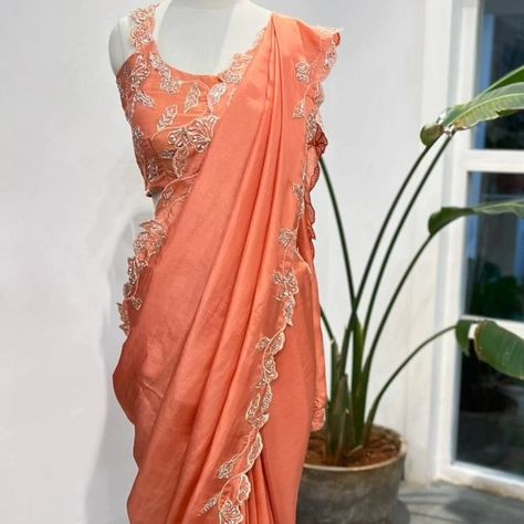 DM@9640490158 Designer elegant trendy cutwork saree with blouse Ready to wear for occasions Cutwork Saree Designs, Latest Pattu Sarees, Trendy Saree, Cutwork Saree, Sequence Saree, Bridal Sari, Churidar Designs, Orange Saree, Saree Embroidery