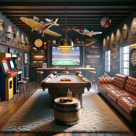 A man cave boasting a rustic pool table, vintage movie posters, plush leather couch, classic arcade games, quirky decor and a personal bar. Cosy ambience with softly lit lights.
#mancave #homedecor #vintagestyle #gameroom #hometheater #rusticdecor Garage Pool Table Room, Game Room Design Man Caves, Pool Table Room Ideas Man Caves, Vintage Billiard Room, Pizza Arcade, Pool Table Lighting Ideas, Game Room Ideas For Adults, Rustic Pool Table, Garage Bars