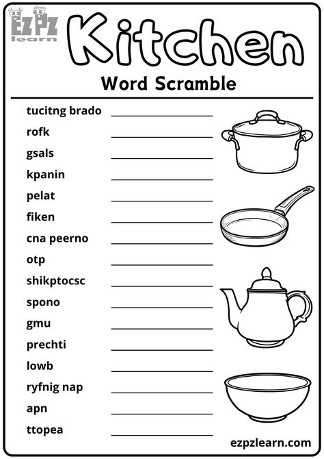 Kitchen Word Scramble 16 Words Vocabulary Activity Free Printable PDF Word Scramble With Answers, Holiday Word Search, Words Vocabulary, Weather Vocabulary, Kitchen Words, Holiday Words, Word Scramble, Vocabulary Activities, Tracing Worksheets