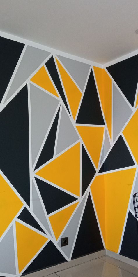 Black And Yellow Room, Yellow Geometric Wall, Yellow Boys Bedroom, Yellow Accent Wall, Yellow Girls Room, Black And Grey Bedroom, Yellow Accent Walls, Geometric Wall Paint, Black Painted Walls