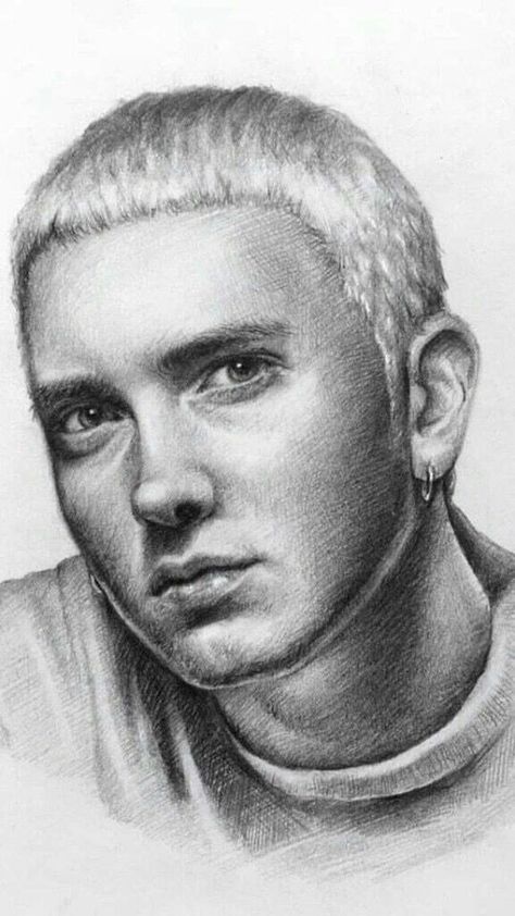 Eminem Sketch Drawings Easy, Celebs To Draw, Eminem Painting Easy, Portrait Drawing Celebrity, Eminem Drawing Sketches, Eminem Art Drawing, Celebrity Portraits Drawing Sketch, Detailed Drawings Pencil, Eminem Drawing Easy