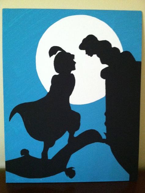 Aladdin and Jasmine Disney Silhouette on Canvas by PotterPillows ... Disney Canvas Art, Disney Silhouette, Disney Canvas, Disney Silhouettes, Disney Paintings, Disney Jasmine, Images Disney, Aladdin And Jasmine, Disney Aladdin