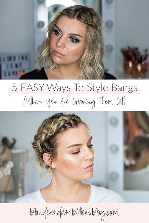 Bangs Braided Back, Updos To Hide Bangs, Bangs Pulled Back Hairstyles Wedding, Braid Bangs Back, Pull Back Bangs Hairstyles, Hairstyles To Pull Back Bangs, Grow Out Bangs Hairstyles, Ways To Pin Back Bangs, Ways To Hide Bangs