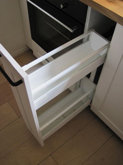 Here's how to max out the IKEA pull-out spice cabinet - IKEA Hackers Kitchen Pull Out Drawers, Ikea Kitchen Drawers, Pull Out Cabinet Drawers, Pull Out Kitchen Cabinet, Ikea Pantry, Pull Out Spice Rack, Ikea Drawers, Kitchen Base Cabinets, Ikea Kitchen Cabinets