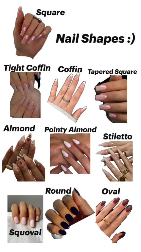 Nails are very complex, you can do different shapes and styles. This is most of them for Inspo ❤️ Nail Type Shape, Nail Shapes For Wide Nails, Long Nails Shapes, Medium Nail Shapes, Sharp Nails Short, Nail Type Chart, Nail Shapes For Hand Types, Nail Shape For Chubby Hands, Different Shapes Of Nails