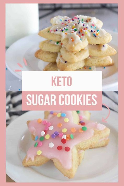 These are the absolute best keto sugar cookies with icing! They have a soft and chewy center with a slightly crisp edge and can be made big and soft or used to make cut-out cookies that hold their shape well. Sugar Free Sugar Cookies, Nut Free Keto, Sugar Cookies With Icing, Sweet Buttercream Frosting, Sugar Free Christmas Cookies, Keto Sugar Cookies, Low Carb Christmas Cookies, Quitting Sugar, Roll Out Sugar Cookies