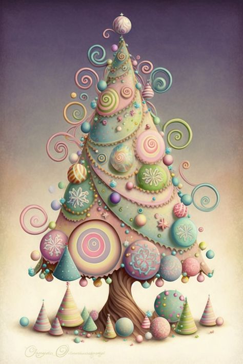 Pastel Scene, Whimsy Art, Whimsical Art Paintings, Storybook Art, Alternative Christmas Tree, Christmas Tree Art, Whimsical Paintings, Cotton Crafts, Happy Paintings