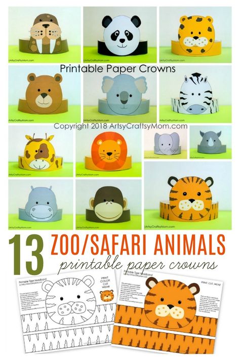 Create your own Zoo Themed  Paper Headband. Print, cut & glue. Comes in 2 sets per animal – A Printable PDF in full color and one in Black and white that your kids / students can color on their own. Printable Crowns - walrus. Koala. Cheetah. Bear. Koala. Zebra. Giraffe. Lion. Elephant. Rhino. Hippo. Tiger. Zebra Headband Craft, Lion Headband For Kids, Tiger Headband Craft, Lion Headband Craft, Animal Crowns Printable Free, Zoo Animal Crafts For Kids, Elephant Headband, Lion Headband, Paper Headband