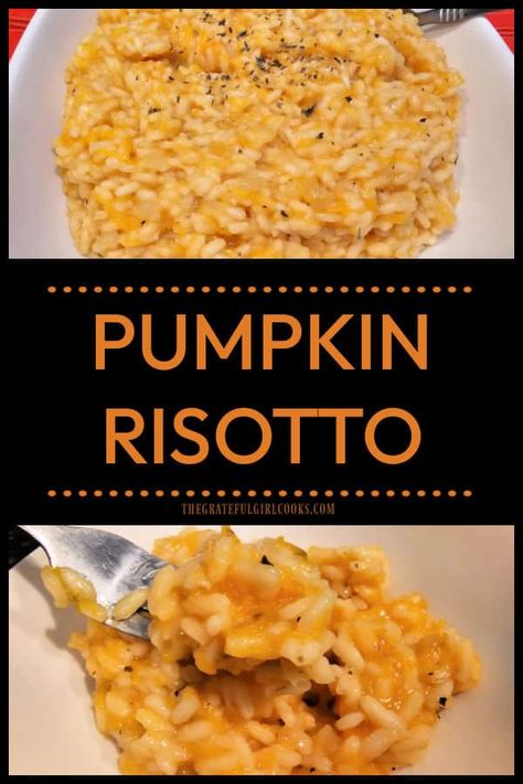 Creamy Pumpkin Risotto is a delicious, meatless dish made with Arborio rice, veggie broth, white wine, butter, pumpkin, ginger and basil. via @gratefuljb Pumpkin Risotto With Goat Cheese, Risotto With Goat Cheese, Veggie Broth, Pumpkin Risotto, Wine Butter, Meatless Main Dishes, Arborio Rice, How To Make Pumpkin, Girl Cooking