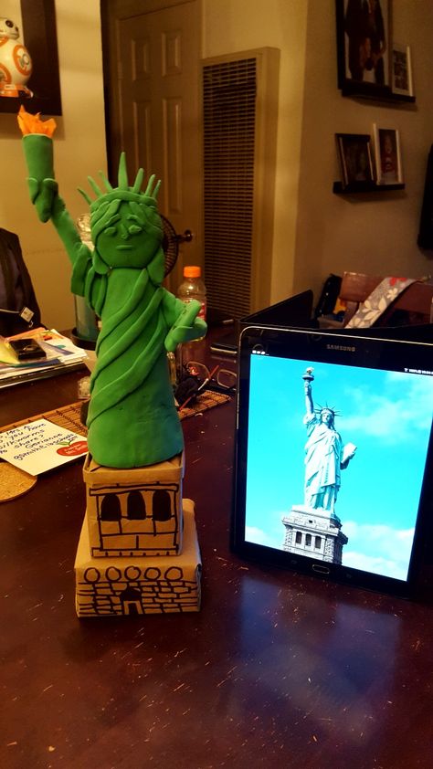 My daughter's 3rd grade project. Green crayola model magic was the main item used. Statue Of Liberty School Project, Around The World Crafts For Kids, Nyc Landmarks, Model Magic, Clay Crafts For Kids, Diy Projects For Kids, World Crafts, Family Crafts, Class Projects