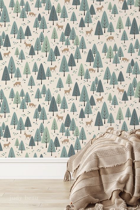 Embark on a woodland romp with playful Forest Deer wallpaper. Illustrated with a casual feel and a bit of retro vibe, this design speaks to young hearts and invites a sense of adventure. Thoughtfully and sustainably printed on high-quality wallpapers. Cabincore Wallpaper, Woodsy Wallpaper, Wallpaper Cabin, Colorado Wallpaper, Wallpaper Forest, Deer Wallpaper, Geometric Trees, Forest Deer, Commercial Wallpaper