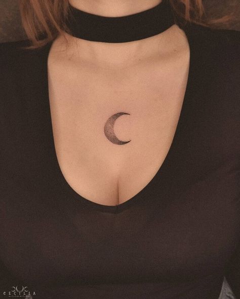 Moon On Chest Tattoo, Moon Shoulder Tattoo For Women, Moon Tattoo Chest, Moon Chest Tattoo, Wicca Tattoo, Ritual Tattoo, Tattoo On Chest, Glow Tattoo, Half Moon Tattoo