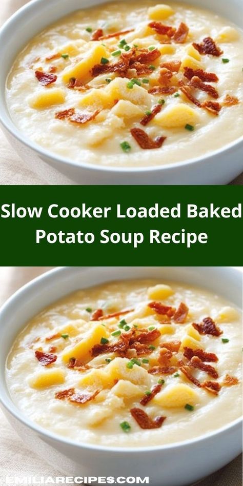 Need a family-friendly dinner option? Our Slow Cooker Loaded Baked Potato Soup delivers on taste and convenience. Gather everyone around the table for this delightful and satisfying soup that’s simple to make. Loaded Baked Potato Crock Pot, Baked Potato Soup Crock Pot Easy, Crockpot Loaded Baked Potato Soup Recipes, Loaded Potato Soup Slow Cooker, Loaded Potato Soup Crockpot Easy, Slow Cooker Potatoes Soup, Slow Cooker Loaded Potato Soup, Loaded Baked Potato Soup Crockpot Easy, Crock Pot Loaded Baked Potato Soup