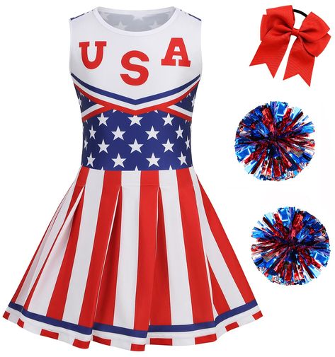 PRICES MAY VARY. Package include: Dress, Hair bows and Pompoms (3-pcs set) Size Guide: 4-5 Years (120), 6-7 Years (130), 8-10 Years (140), 10-12 Years (150), 13-14 Years (160) This Kids cheerleader costume features a one-piece dress that print with star and stripes, and an "USA" sign printed below the crow-neck. Cute Patriotic cheerleading uniform for Girls. Matching with a red hair bow and a pair of pompoms, perfect to wear it on 4th of July Independence Day. Occasions: July fourth celebrations Cheerleader Costume Halloween, Kids Cheerleading, Girls Cheerleader Costume, Usa Costume, Baby Costumes Girl, Red Hair Bow, Cheerleader Costume, Cheerleading Uniforms, July Fourth