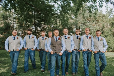 Tweed Vest and Blue Jean Groomsmen Attire Groomsmen In Jeans, Groomsmen Jeans, Country Groom Attire, Blue Groomsmen Attire, Blue Jean Wedding, Country Groom, Groom In Jeans, Country Groomsmen, Country Wedding Groomsmen