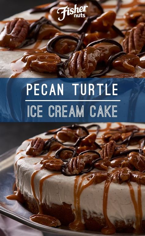 Pecan Ice Cream Cake, Thanksgiving Ice Cream Cake, Turtle Ice Cream Cake, Turtle Ice Cream, Pecan Turtles, Ice Cream Cake Recipe, Pecan Cake, Ice Cream Cakes, Nut Recipes