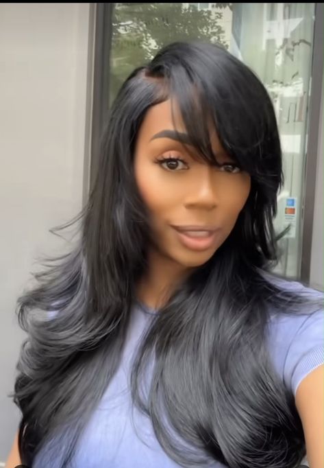 Weave With Side Bangs, Layered Sew In Hairstyles, Jet Black Side Part Quickweave, Aaliyah Layered Hair, Side Bang Sew In, 90s Layered Wig, Side Part Sew In Layers, Side Part With Bangs Wig, Side Part With Bangs Black Women