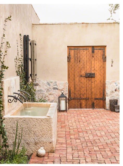 Rustic Mediterranean Farmhouse, Carefree Arizona, Mediterranean Farmhouse, Mediterranean Courtyard, Courtyard Home, Boho Glam Home, Rustic Mediterranean, Brick Patio, Mediterranean Interior