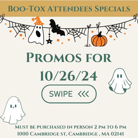 🎃👻 Boo-Tox Promotions!👻🎃 ✨ Get ready for spooky savings this Halloween! ✨ On October 26th, treat yourself to our Boo-Tox Special — looking fabulous has never been this fun! 💉✨ 💀 Boo-Tox Event Highlights: 🖤 Exclusive 1-Day-Only pricing 🖤 Limited slots available! 🖤 Perfect for smoothing out those frown lines and getting ready for the season! Mark your calendars and book your appointment now! 🗓️ 📲 Call 508-521-9090 to reserve your spot before they vanish! #BooToxPromotions #SpookySav... Frown Lines, Book Your Appointment, Treat Yourself, Getting Ready, Slots, Highlights, Halloween, 10 Things, Quick Saves