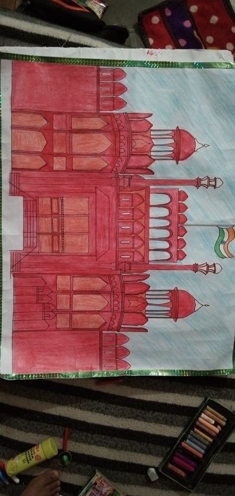 I made this and then coloured this with oil pastel. Red Fort Drawing Easy, Red Fort Drawing, Easy Scenery Drawing, Oil Pastel Colours, Band Tattoo Designs, Red Fort, Cute Origami, Board Decoration, Band Tattoo