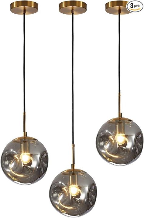 BOKT Globe Pendant Light Set of 3 Light Brushed Brass Round Ceiling Pendant Light with Smokey Gary Irregular Hanging Light 3 Pack Retro Chandelier Light Fixtures for Kitchen Island Dining Room… - Amazon.com Light Fixtures For Kitchen, Room Amazon, Pendant Light Set, Retro Chandelier, Glass Globe Pendant Light, Kitchen Island Dining Room, Island Dining Room, Kitchen Island Dining, Round Ceiling