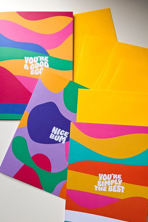 Brand Card Design, Gift Card Design Ideas, Aura Branding, Rainbow Packaging, Card Branding Design, Plant Presentation, Kids Package, Yellow Envelope, Brand Inspiration Board