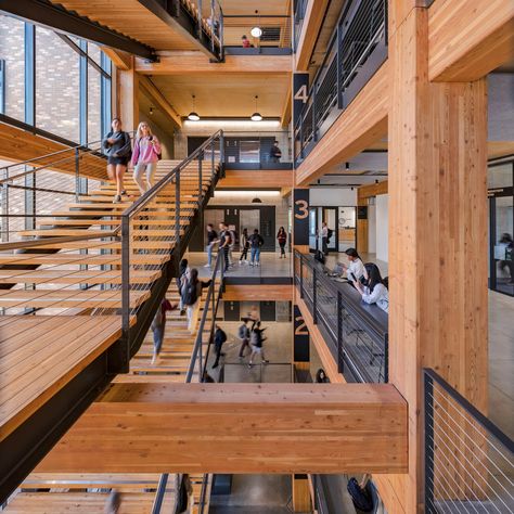 Mass Timber, Steel Architecture, Interior Brick, Timber Architecture, Timber Roof, Timber Buildings, Wood Building, Timber Structure, Wooden Staircases