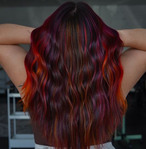 Red Hair With Vivid Highlights, Sunset Peekaboo Hair, Orange And Purple Highlights, Orange And Red Highlights, Sunset Hair Color, Pink And Orange Hair, Sunset Hair, Pink Ombre Hair, Peekaboo Hair