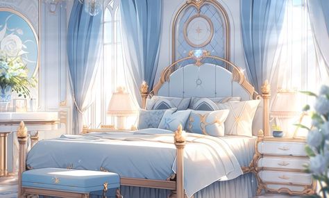 Anime Bedrooms, Places Background, Vtuber Room, Blue And Gold Bedroom, Stream Background, Vtuber Background, Royal Bedroom, Anime House, Fantasy Rooms