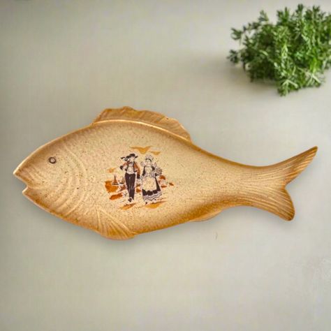 Fish Serving Platter, Large Vintage Retro French Fish Plate Rustic Farmhouse Kitchen Tableware, Hand Made in Brittany with makers stamp (C5) by AllThingsFrenchStore on Etsy French Crockery, Fish Serving Platter, French Brittany, Kitchen Tableware, Baked Fish Recipes, Fish Platter, Rustic Plates, Fish Sandwich, Fish Salad