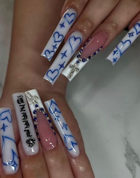 Low Rider Inspired Nails, Thug Nails, Nails With Boyfriends Name, Nails With Names On Them, Smile Now Cry Later Nails, Baddie Nails Instagram Long, Chola Nails Designs, Cholo Nails, Gangster Nails Designs