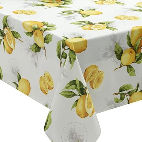 Benson Mills 183467 Spring Summer Limoncello Indoor Outdoor Spillproof Tablecloth, 60-by-104 Oblong Rectangular Spring Tablecloths, Party Cake Table, Oblong Tablecloth, Outdoor Tablecloth, Outdoor Patio Lights, Tablecloth Fabric, Lemon Print, Event Themes, Picnic Party