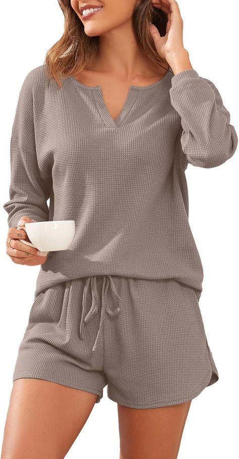 PrinStory Women's Waffle Knit Pajama Set - Soft, Breathable & Stylish Relaxation Essential. Knit Lounge Set, Stylish Loungewear, Outfits Matching, Knit Loungewear, Womens Pjs, Comfortable Pajamas, Elastic Waist Shorts, Pajamas Set, Get It Now