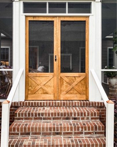 Front Screened In Porch, Screened Porch Doors, Outdoor Screen Panels, Stained Front Door, Diy Screen Door, Screened Porch Designs, Outdoor Screens, Enclosed Porches, Porch Doors