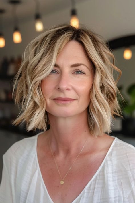 Short Hair Length Styles For Women, Wavy Bob Side Bangs, Medium And Short Haircuts, Mid Length Choppy Bob, Choppy Bob Hairstyles Messy Lob Over 50, Wavy Bob Thick Hair, Bobs With Curls, Bob Wave Hairstyles, How To Style A Choppy Bob