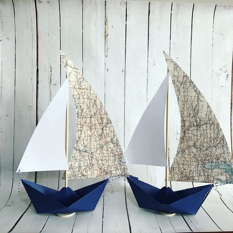 Paper sailboats by Msapple Sailing Decorations, Paper Sailboats, Sailing Decor, Deco Marine, Origami Boat, Bible Doodling, Alternative Christmas Tree, Paper Boat, Map Travel