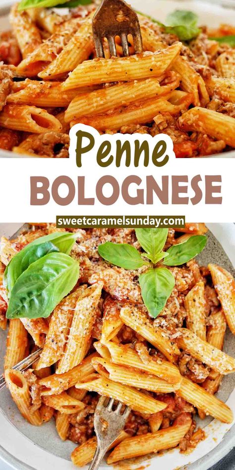 Fork being pushed into penne bolognese in grey bowl with text written between 2 images. Penne Bolognese Recipe, Best Penne Pasta Recipe, Penne Bolognese, Easy Italian Dinner, Beef Noodle Stir Fry, Beef Chow Mein, Ground Beef Pasta Recipes, Pancetta Recipes, Penne Recipes