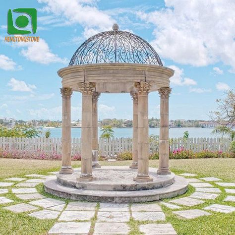 Flat Roof Garden, Stone Pavilion, Stone Gazebo, Backyard Cabana, Mandap Design, Sculpture Marble, Stone Mansion, Yellow Marble, Roman Columns