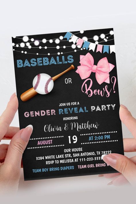 Ready to party? Reveal the gender of your little one in style with our "Baseballs or Bows" themed Gender Reveal Invite! With an easy-to-edit digital template, you can create a unique and personalized invite for your friends and family. Plus, you can even send it as a text message invite or print it out for the perfect finishing touch. Get ready to celebrate with "Baseballs or Bows"! Baseballs Or Bows Gender Reveal, Baseballs Or Bows, Baseball Gender Reveal, Bows Gender Reveal, Bow Gender Reveal, Gender Reveal Party Invitations, Baseball Baby, Gender Reveal Invitations, Baby Gender Reveal