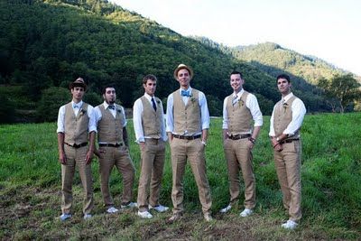 Groom and groomsmen: Khaki pants and vest with white shirt and blue tie Groomsmen Vest, Grey Suit Wedding, Wedding Vest, Groomsmen Outfits, Groom Shirts, Mens Fashion Wedding, Wedding Groomsmen, Mens Attire, Groomsmen Attire