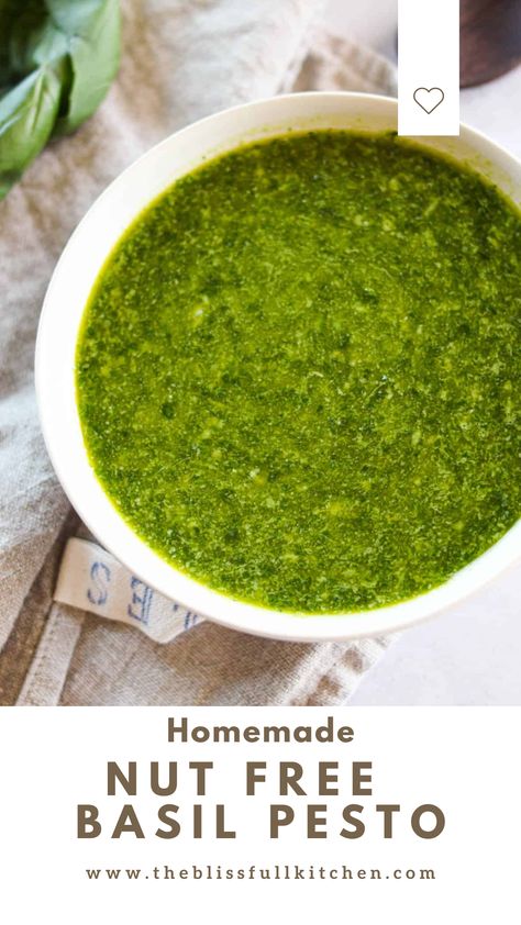 This Homemade Nut Free Basil Pesto Recipe is an easy, allergy-free pesto sauce that is super versatile and tasty! Keep it on hand for gourmet pasta, use it as a sandwich spread, in wraps, as a marinade or even as a salad dressing! It is so vibrant, flavorful and perfect for summer! Pesto Recipe No Nuts, Sodium Free Recipes, Souse Recipe, Nut Free Pesto, Basil Pesto Recipe, Homemade Pesto Sauce, Gourmet Pasta, Basil Pesto Recipes, Summertime Recipes