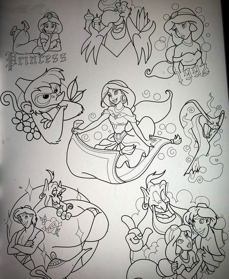 Disney Jasmine Tattoo, Genie Tattoo Disney, Jasmine Tattoo Princess, Aladdin Tattoo Ideas, Genie Tattoo, Aladdin Tattoo, Disney Characters Tattoos, Abu Aladdin, Jasmine Tattoo