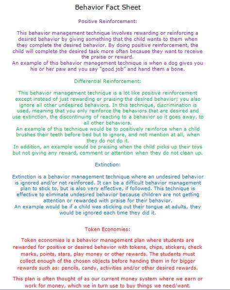 This fact sheet has information on four different types of behavior management techniques. These techniques include positive reinforcement, differential reinforcement, extinction and token economies. Behavioral Health Technician Outfits, Differential Reinforcement Aba, Rbt Notes, Differential Reinforcement, Aba Notes, Family Economy, Applied Behavior Analysis Training, Rbt Exam, Behavior Classroom