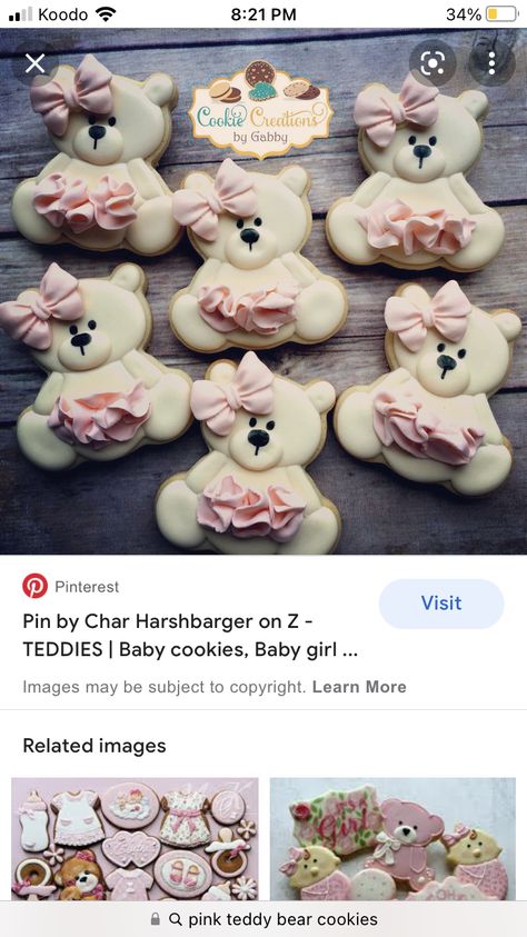 Teddy Bear Cookies Baby Shower Girl, Baby Cookie, Teddy Bear Cookies, Rose Cookies, Pink Cookies, Baby Shower Desserts, Teddy Bear Girl, Bear Cookies, Pink Teddy Bear