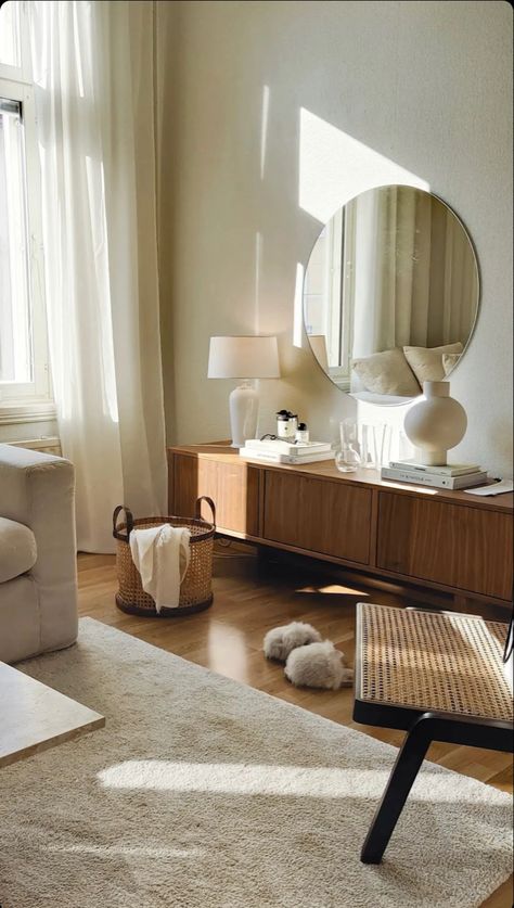 Beige And Brown Aesthetic Apartment, Walnut Beige Interior, Entry Way Styling Ideas, Grey Bedframe Room Ideas, Neutral Apartment Living Room, Couches Living Room Apartment, Wood Living Room Decor, Interior Inspiration Living Rooms, Dining Room Decor Traditional