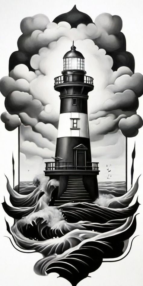 Waves Tattoo Design, Hirsch Tattoo, Wave Tattoo Design, Island Tattoo, Lighthouse Tattoo, Traditional Tattoo Sleeve, Clever Tattoos, Scary Tattoos, Lighthouse Photos