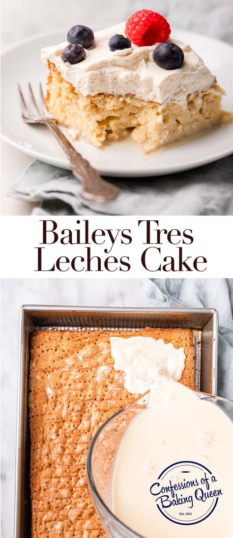 This Bailey's Tres Leches Cake is a new twist on the classic tres leches cake. Delicious sponge cake is soaked in evaporated milk, condensed milk, heavy cream, and Baileys Irish cream. Perfect for your next party or taco night! Step-by-step photos teach you how to bake this cake. Key Lime Tres Leches Cake, Chocolate Tres Leches Cake, Baileys Cake, Tres Leches Cake Recipe, Leches Cake, Cake Delicious, Boozy Desserts, Baileys Irish, Tres Leches Cake